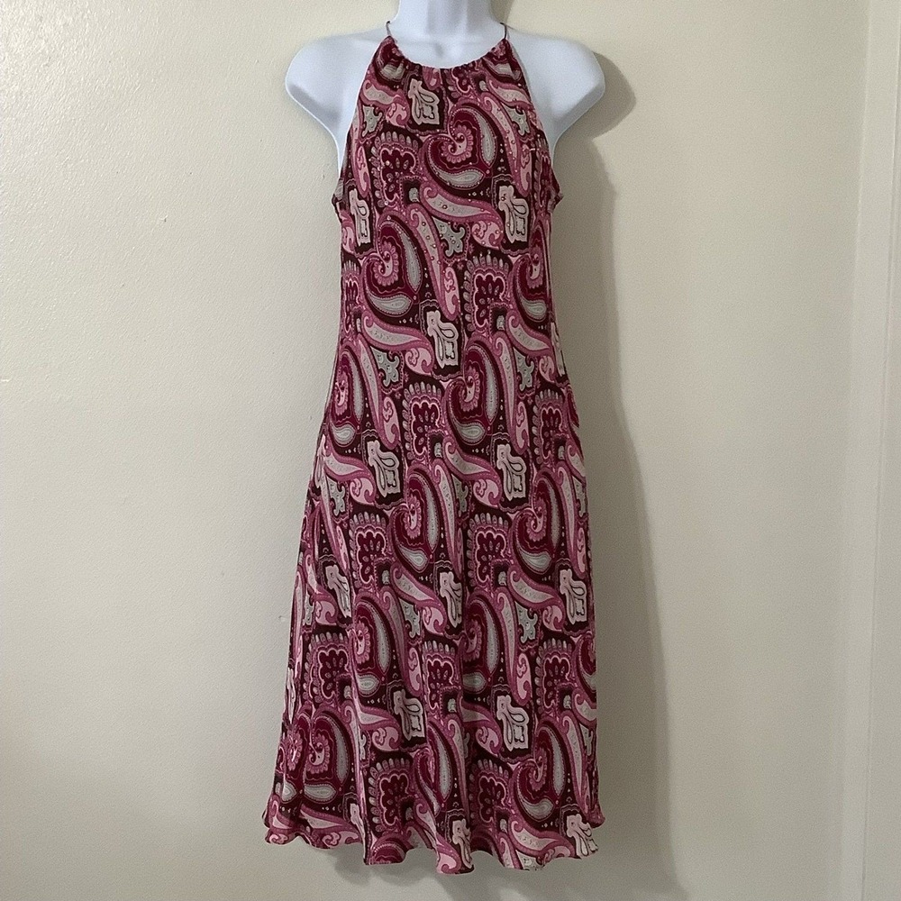 Vintage 90s Brown Pink Paisley Silk Fairycore‎ Boho Artsy Sequin Midi Dress Sz 6